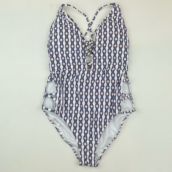 Jessica Simpson Venice Beach Print Plunging Strappy One-Piece Swimsuit - Picture 3 of 9